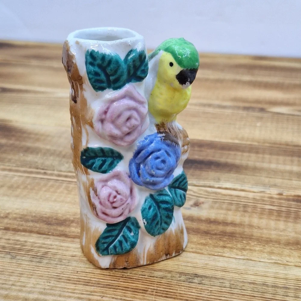 Vintage Occupied Japan Ceramic Porcelain Parrot Mini Vase 3.75